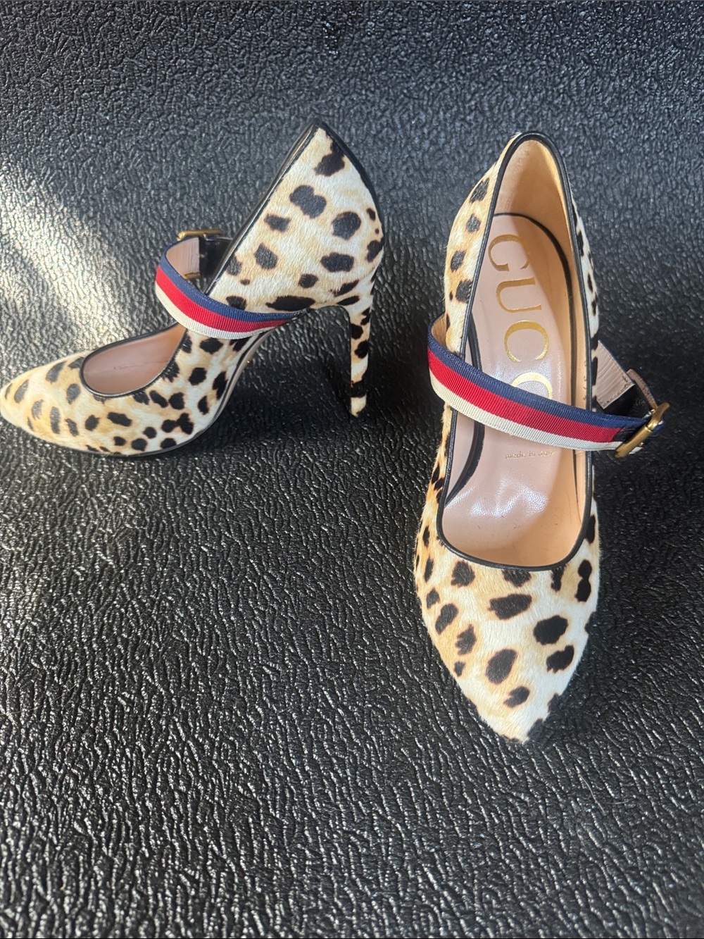 Gucci Leopard-Print Mary Jane Heels with Red-Blue Stripe